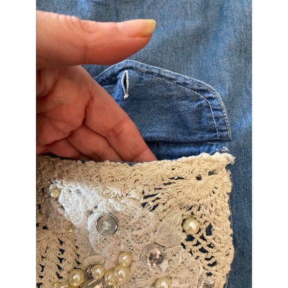 Quizz New York Denim Button Down Lace & Pearl Detail Long Sleeve Small - Picture 6 of 10